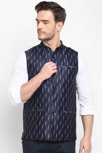 Polyester Viscose Printed Nehru Jacket In Navy Blue Colour - JK5300393