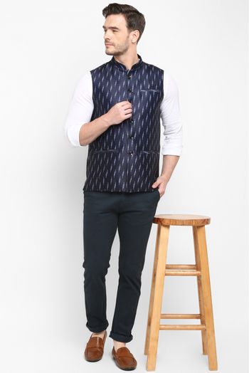 Polyester Viscose Printed Nehru Jacket In Navy Blue Colour - JK5300393