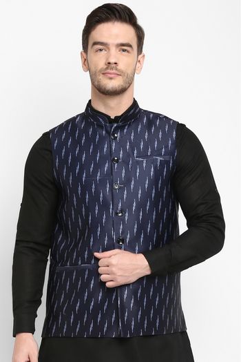 Polyester Viscose Printed Nehru Jacket In Navy Blue Colour - JK5300394