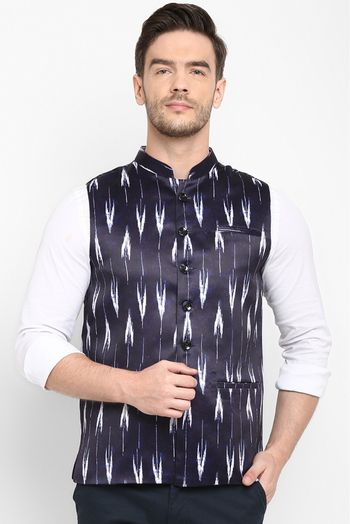 Polyester Viscose Printed Nehru Jacket In Navy Blue Colour - JK5300415