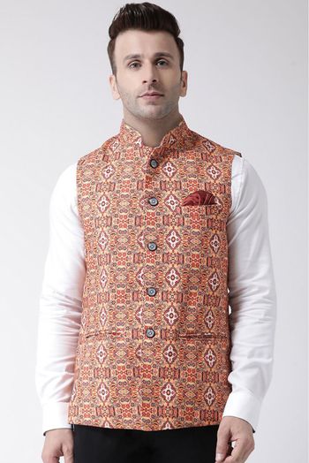 Polyester Viscose Printed Nehru Jacket In Orange Colour