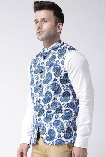 Polyester Viscose Printed Nehru Jacket In White Colour - JK5300369