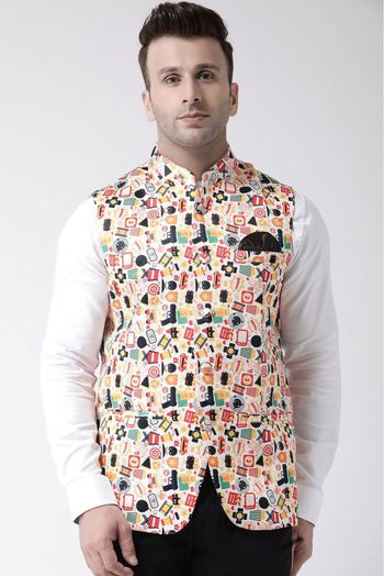 Polyester Viscose Printed Nehru Jacket In White Colour - JK5300379