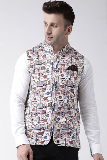 Polyester Viscose Printed Nehru Jacket In White Colour - JK5300380