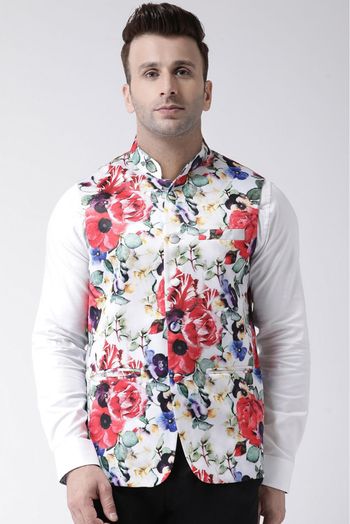 Polyester Viscose Printed Nehru Jacket In White Colour - JK5300382