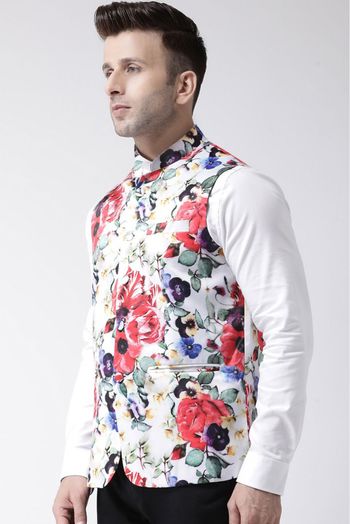 Polyester Viscose Printed Nehru Jacket In White Colour - JK5300382