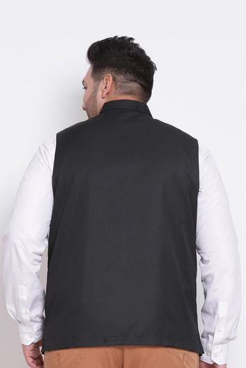 Polyester Viscose Solid Nehru Jacket In Black Colour