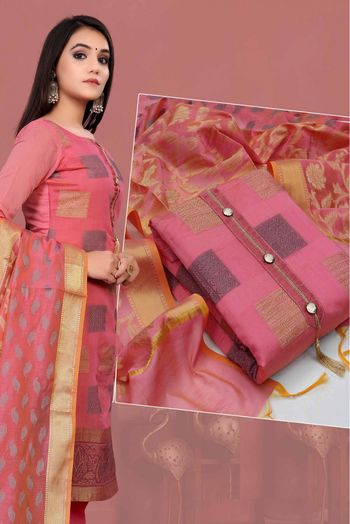 Unstitched Banarasi Jacquard Woven Pant Style Suit In Pink Colour - US3233753