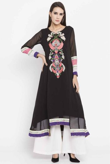 Plus Size Faux Georgette Kurti In Black Colour Up To 66 - KR2710342