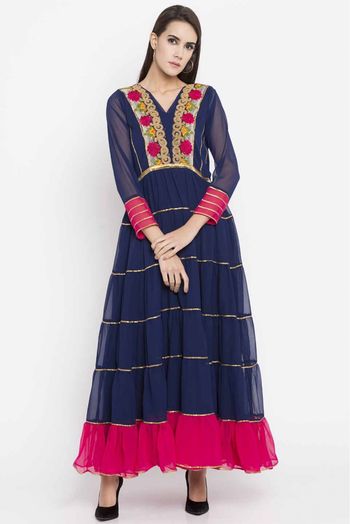 Plus Size Faux Georgette Kurti In Navy Blue Colour Up To 66