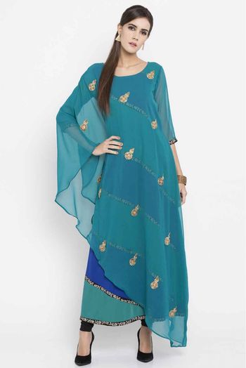 Plus Size Faux Georgette Kurti In Turqoise Blue Colour Up To 66 - KR2710340