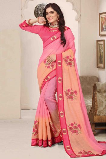 Peach Pink Art Silk Saree Sari fabric India Golden Border - Indian  Selections