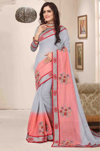 Cotton Silk Designer Saree In Slate Blue and Pink Colour