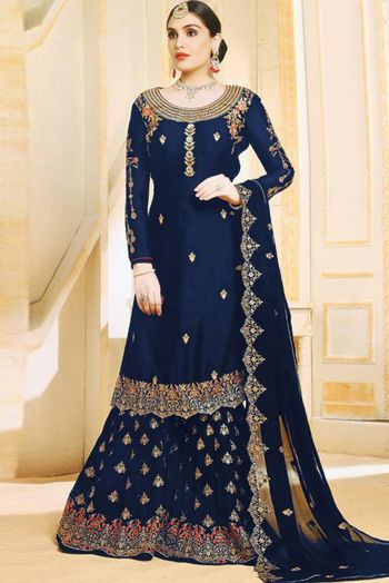 Georgette Embroidery Sharara Suit In Navy Blue Colour - SM4451515