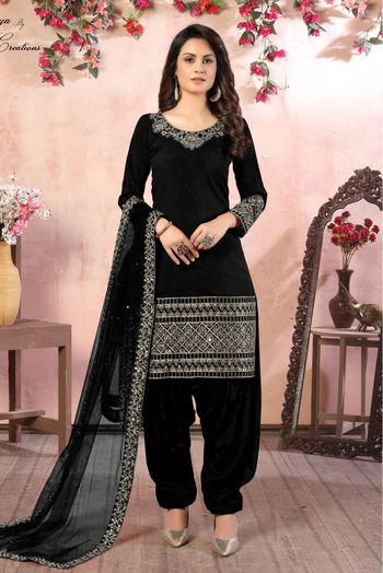 Art Silk Embroidery Patiala Suit In Black Colour