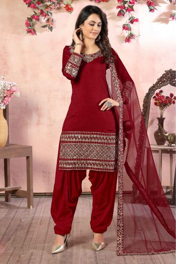 Art Silk Embroidery Patiala Suit In Maroon Colour