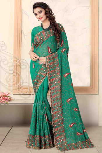 Georgette Designer Saree In Rama Green Colour - SR1542681