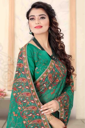 Georgette Designer Saree In Rama Green Colour - SR1542681