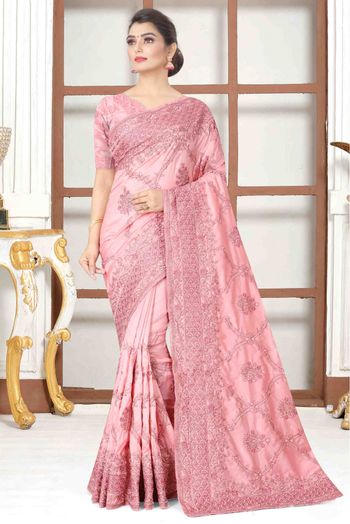 Pink Color Designer Embroidery Party Wear Chiffon Saree (She Saree 1827)