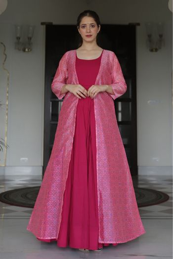 Muslin Digital Print Jacket Style Gown In Pink Colour