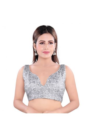 Net Back Open Padded Blouse In Silver Colour