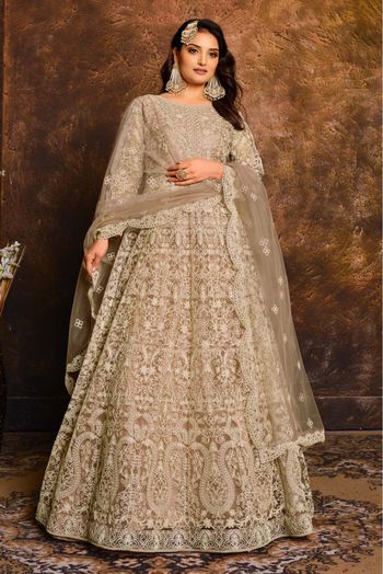 Net Embroidery Anarkali Suit In Beige Colour - SM1640592