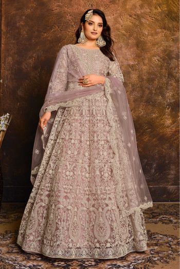 Net Embroidery Anarkali Suit In Lavender Colour