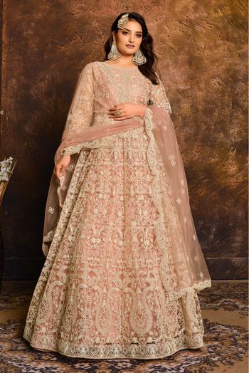 Net Embroidery Anarkali Suit In Peach Colour - SM1640594