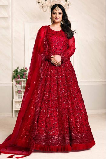 Net Embroidery Anarkali Suit In Red Colour - SM1640606