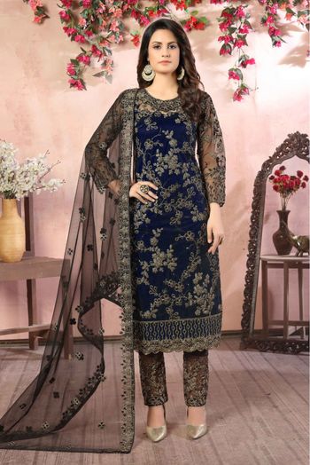 Net Embroidery Pant Style Suit In Blue Colour - SM1640601