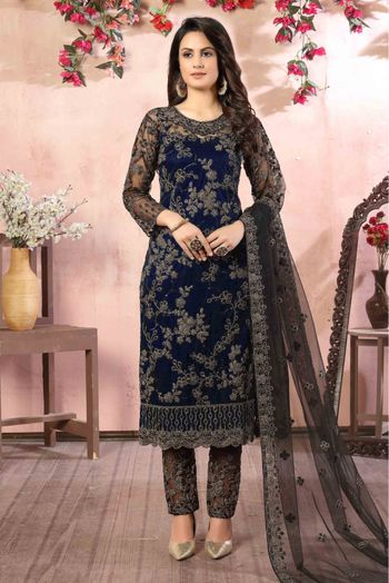 Net Embroidery Pant Style Suit In Blue Colour - SM1640601