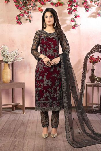 Net Embroidery Pant Style Suit In Maroon Colour - SM1640602