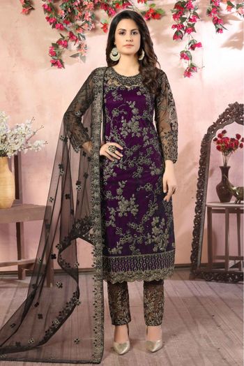 Net Embroidery Pant Style Suit In Purple Colour - SM1640600