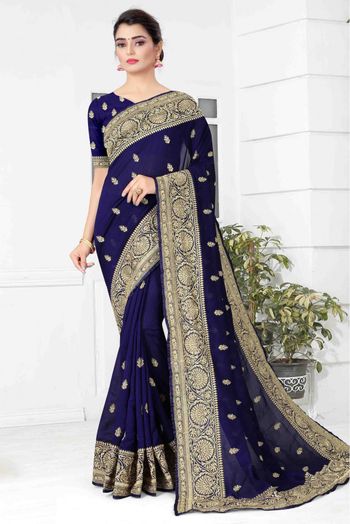 Vichitra Silk Designer Saree In Navy Blue Colour - SR1542644