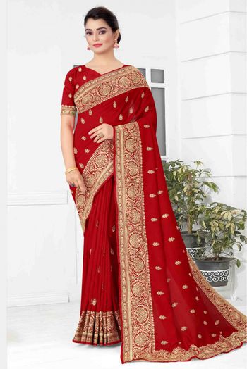 Vichitra Silk Designer Saree In Red Colour - SR1542643