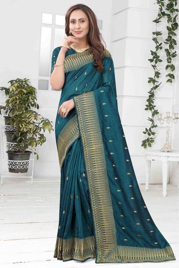 Vichitra Silk Designer Saree In Teal Colour - SR1542576