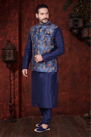 Art Dhupion Party Wear Kurta Pajama In Navy Blue Colour - KP4120102