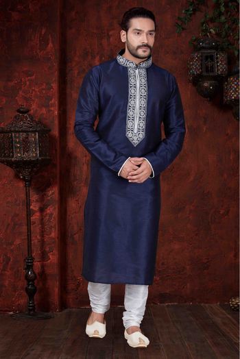 Art Dhupion Party Wear Kurta Pajama In Navy Blue Colour - KP4120117