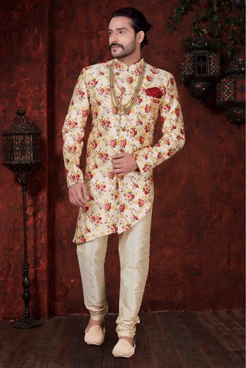 Jacquard Silk Party Wear Kurta Pajama In Cream Colour - KP4120082