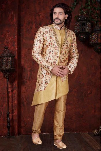 Jacquard Silk Party Wear Kurta Pajama In Gold And Cream Colour