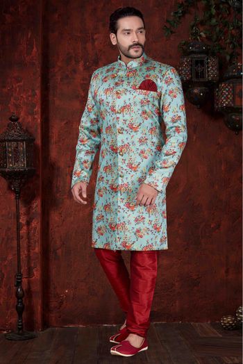 Jacquard Silk Party Wear Kurta Pajama In Sky Blue Colour