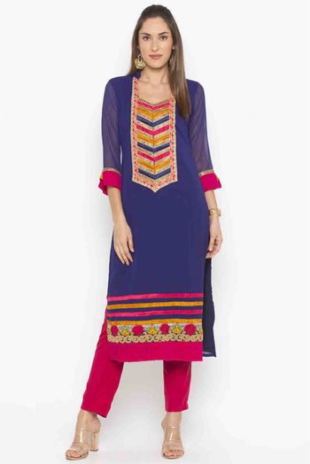 Plus Size Georgette Embroidery Kurti In Blue Colour - KR2710472