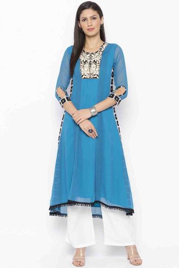 Plus Size Georgette Embroidery Kurti In Blue Colour - KR2710485