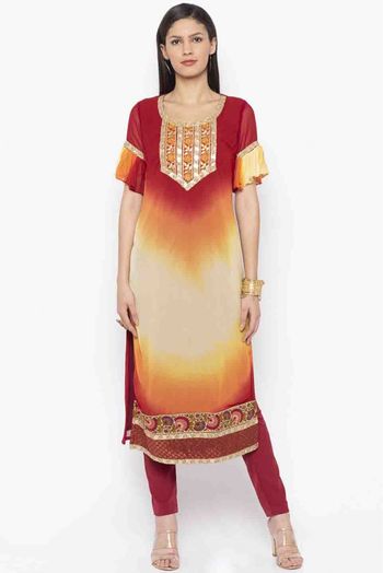 Plus Size Georgette Embroidery Kurti In Maroon Colour - KR2710471