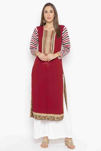 Plus Size Georgette Embroidery Kurti In Maroon Colour - KR2710482