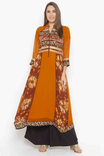 Plus Size Georgette Embroidery Kurti In Mustard Colour - KR2710477