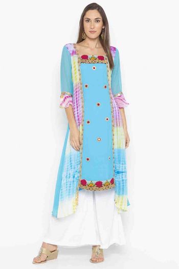 Plus Size Georgette Embroidery Kurti In Sky Blue Colour