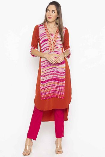 Plus Size Georgette Lace Work Kurti In Rust Colour