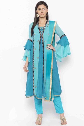 Plus Size Stitched Georgette Embroidery Pant Style Suit In Blue Colour - SS2710515