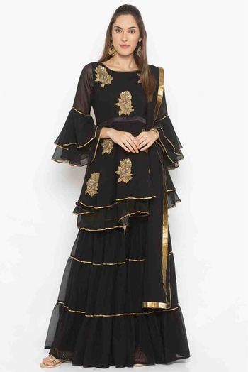 Plus Size Stitched Georgette Embroidery Sharara Suit In Black Colour SS2710518